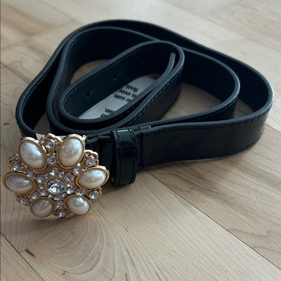 cleo Accessories - Black Patent Belt with Pearl & Crystal Floral Buckle